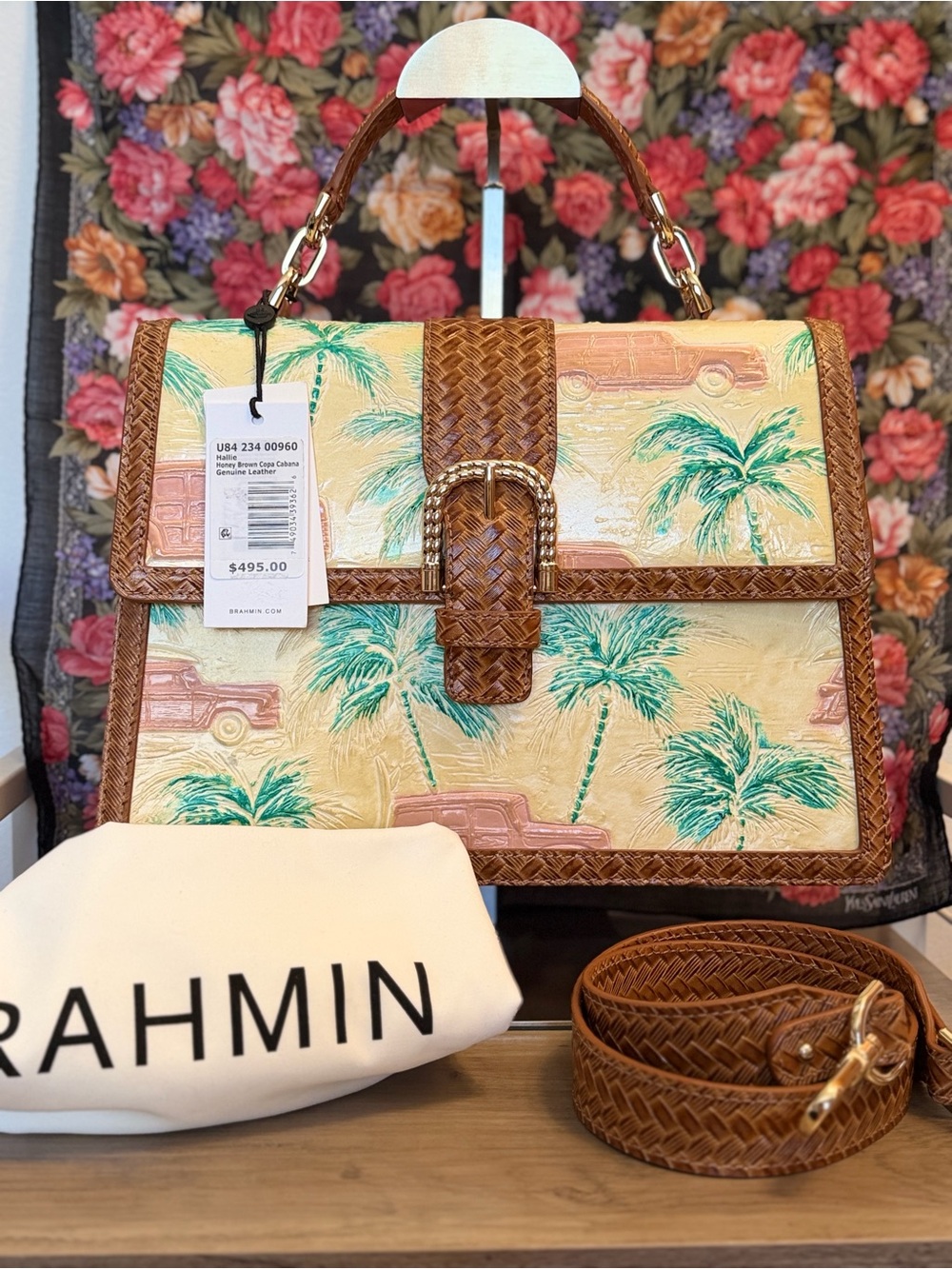 Brahmin Hallie Honey Brown Copa Cabana Palm-Print Top-Handle Sachel - Picture 1 of 5